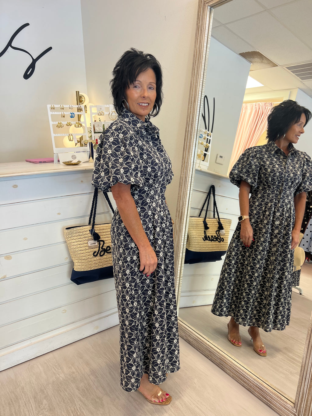 Floral Eyelet Navy Dress