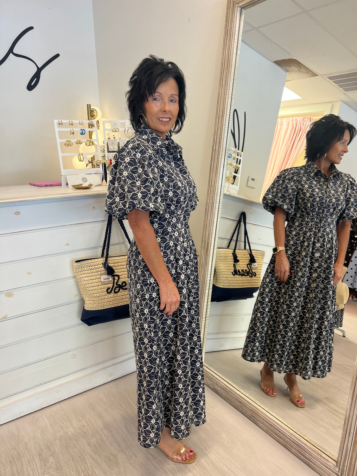 Floral Eyelet Navy Dress