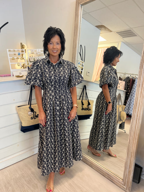 Floral Eyelet Navy Dress