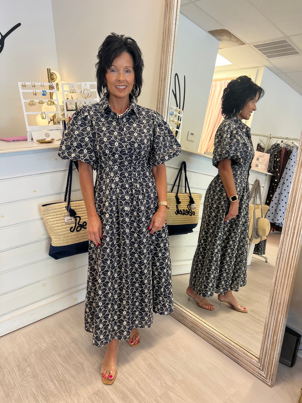 Floral Eyelet Navy Dress