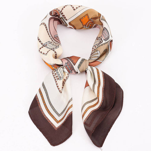 Patterned scarf with brown, orange, and beige colors on a white background