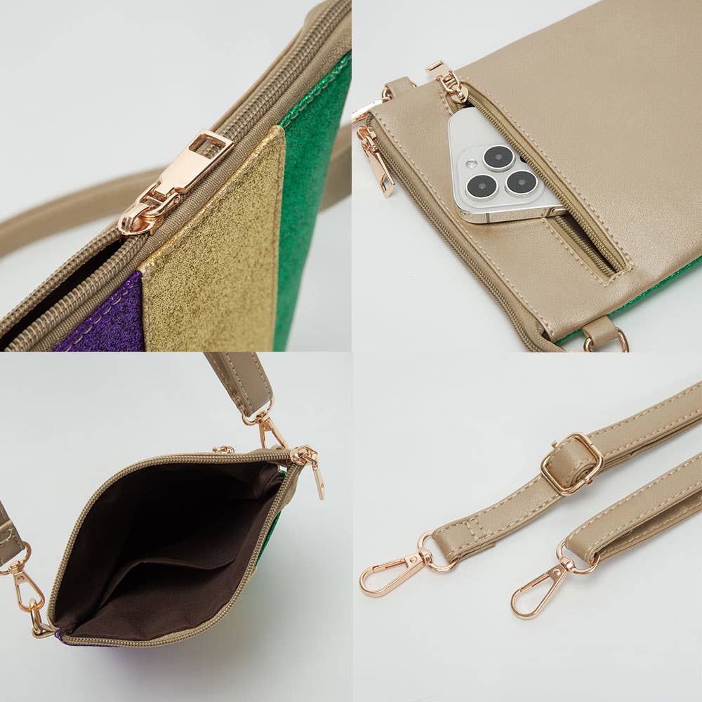 Glittered Vertical Strip Mardi Gras Flat Mini Crossbody Bag