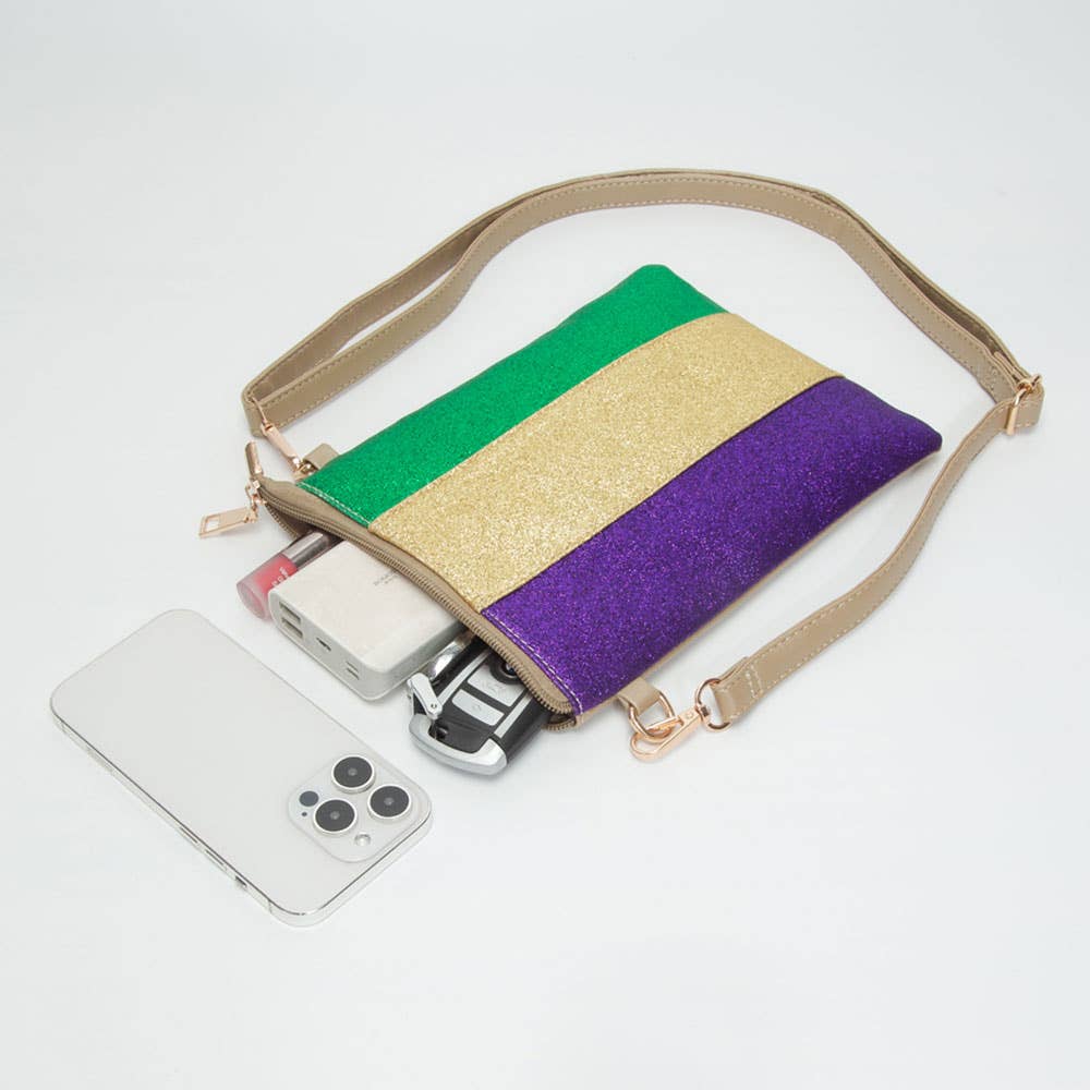 Glittered Vertical Strip Mardi Gras Flat Mini Crossbody Bag