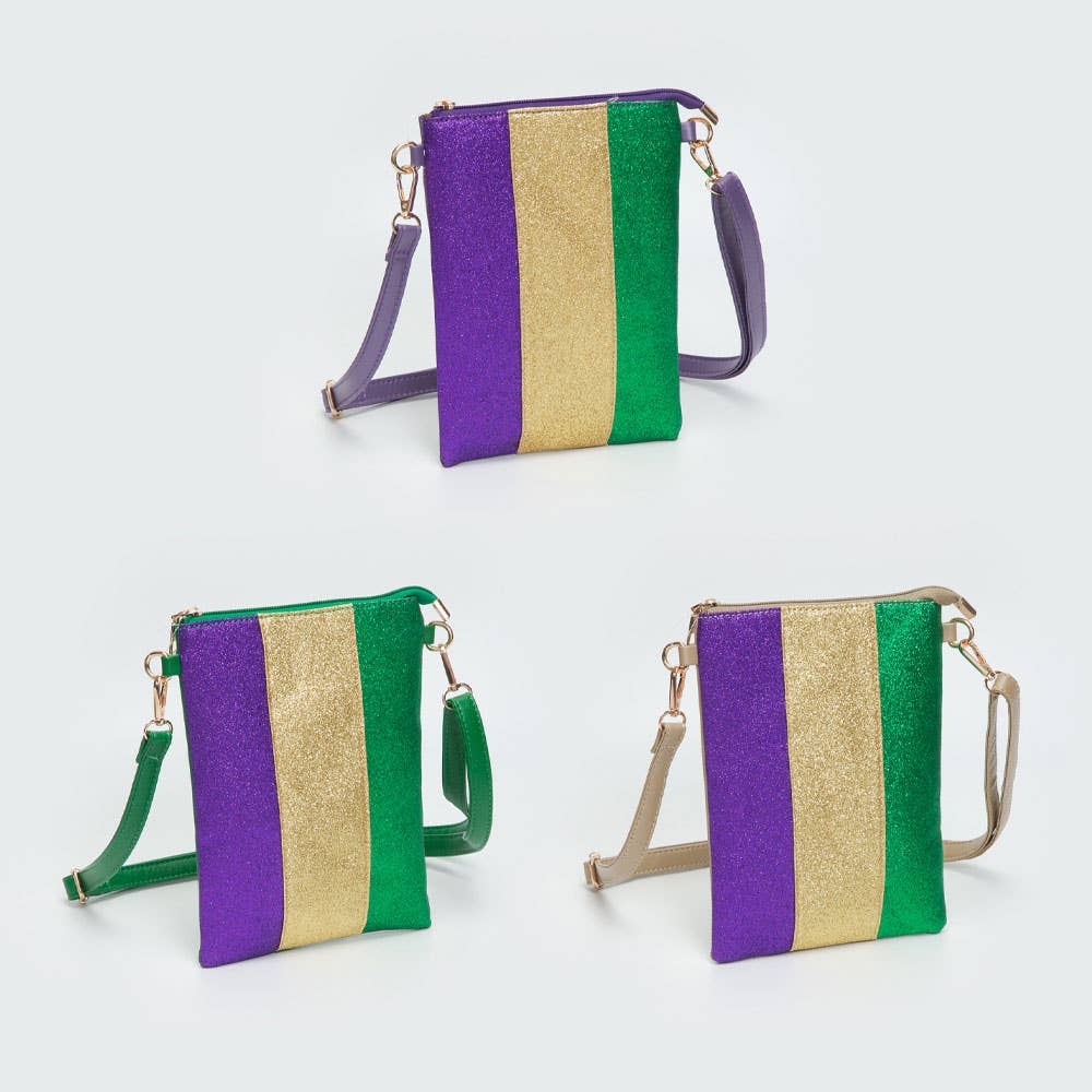 Glittered Vertical Strip Mardi Gras Flat Mini Crossbody Bag